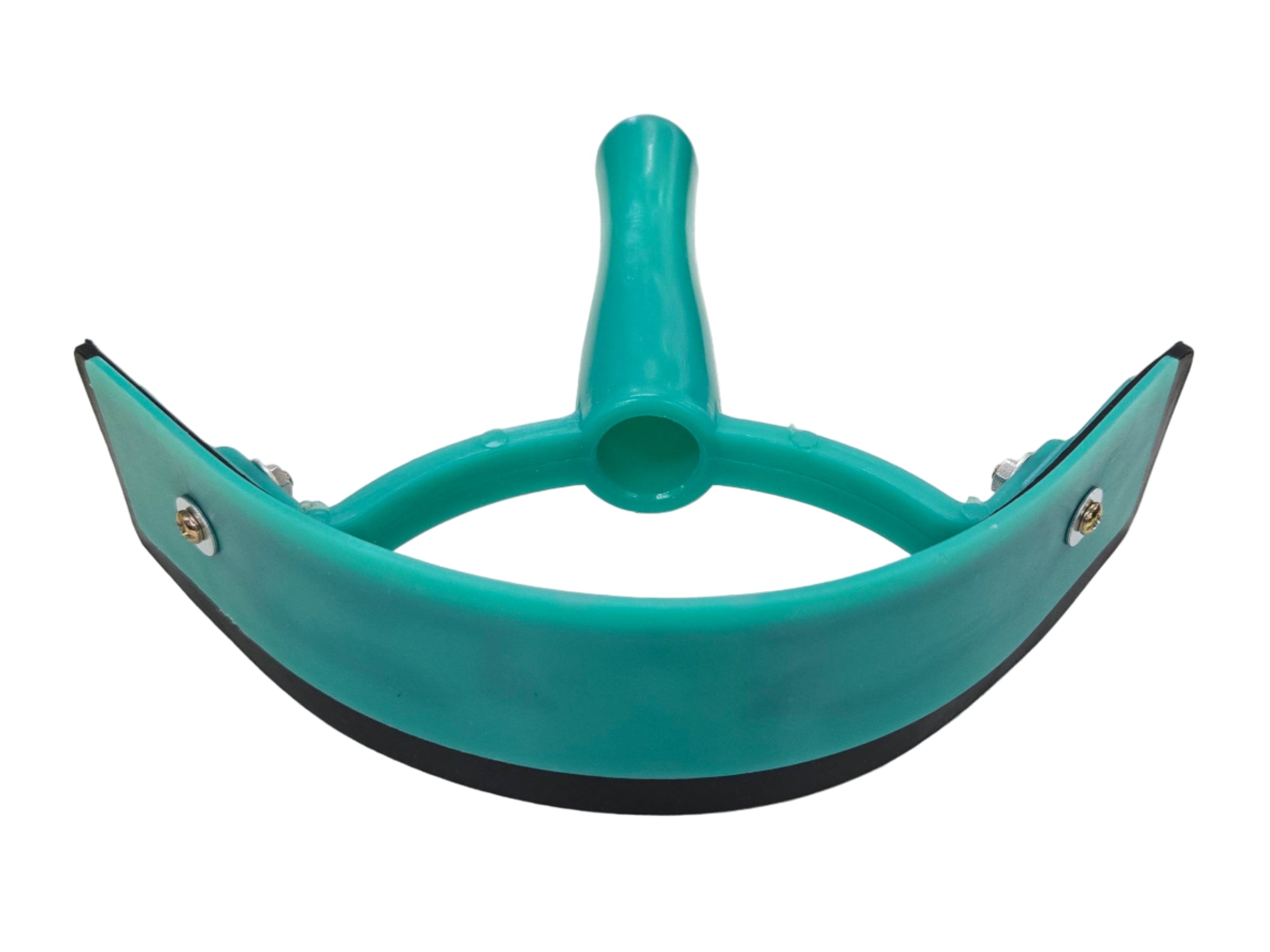 Turquoise plastic tool on a white surface with a blurred background